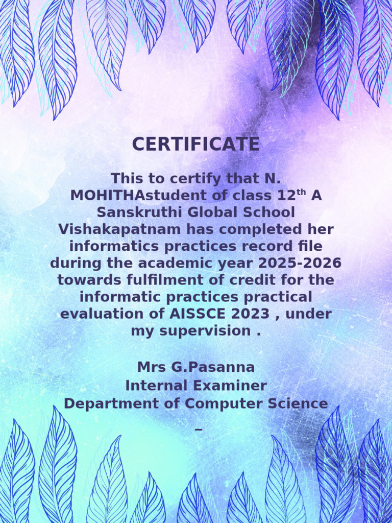 Class 12 Informatics Practices Certificate | PDF