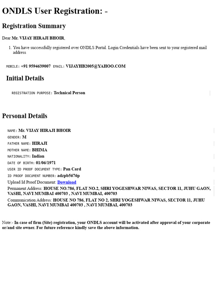 ONDLS User Registration Confirmation | PDF