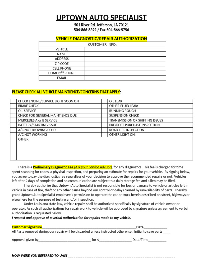 Vehicle Diagnostic and Repair Authorization | PDF | Vehicles | Transport