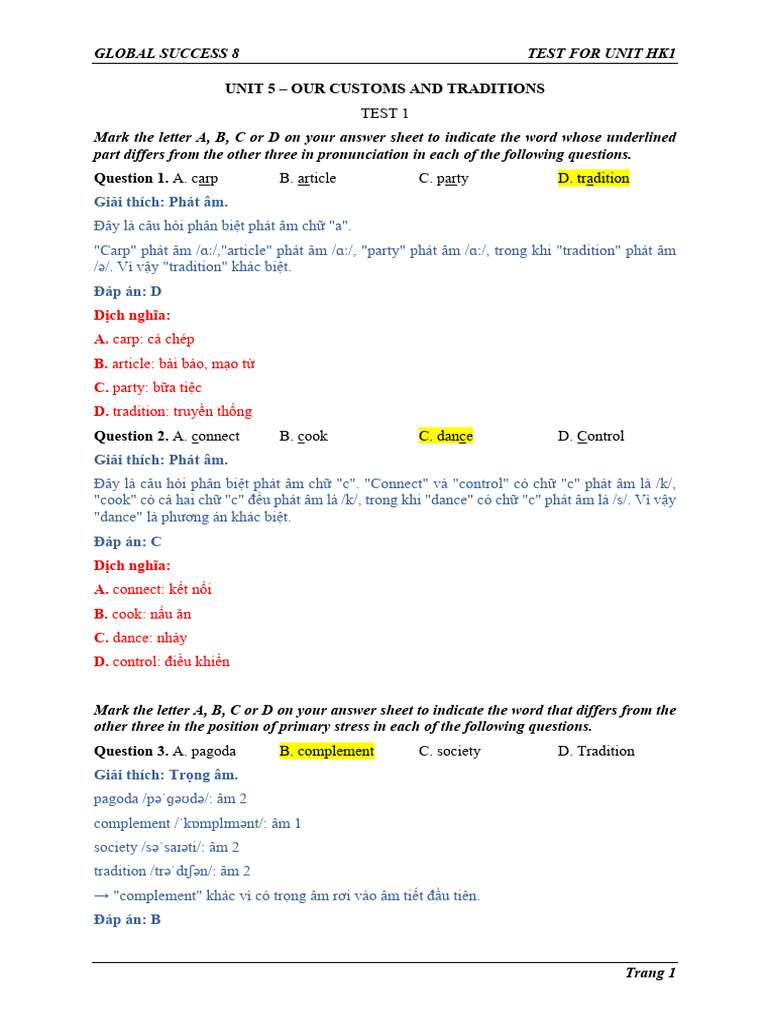 UNIT 5 - Đáp Án BTVN | PDF