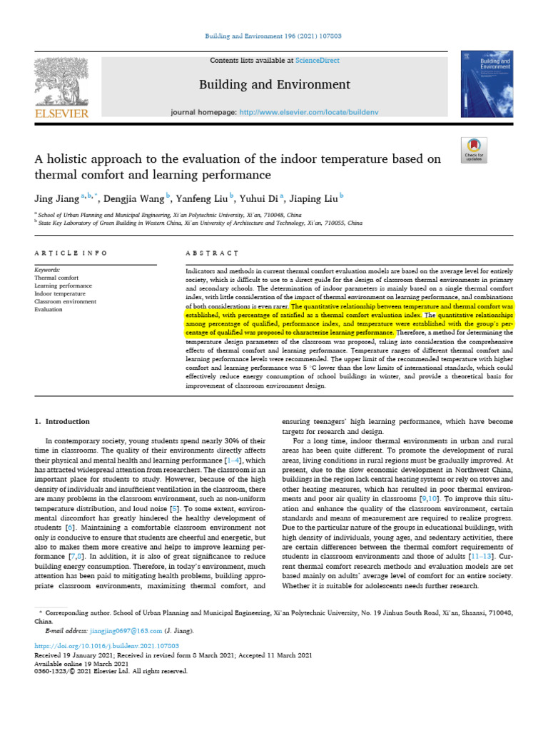 Classroom Thermal Comfort Evaluation | PDF