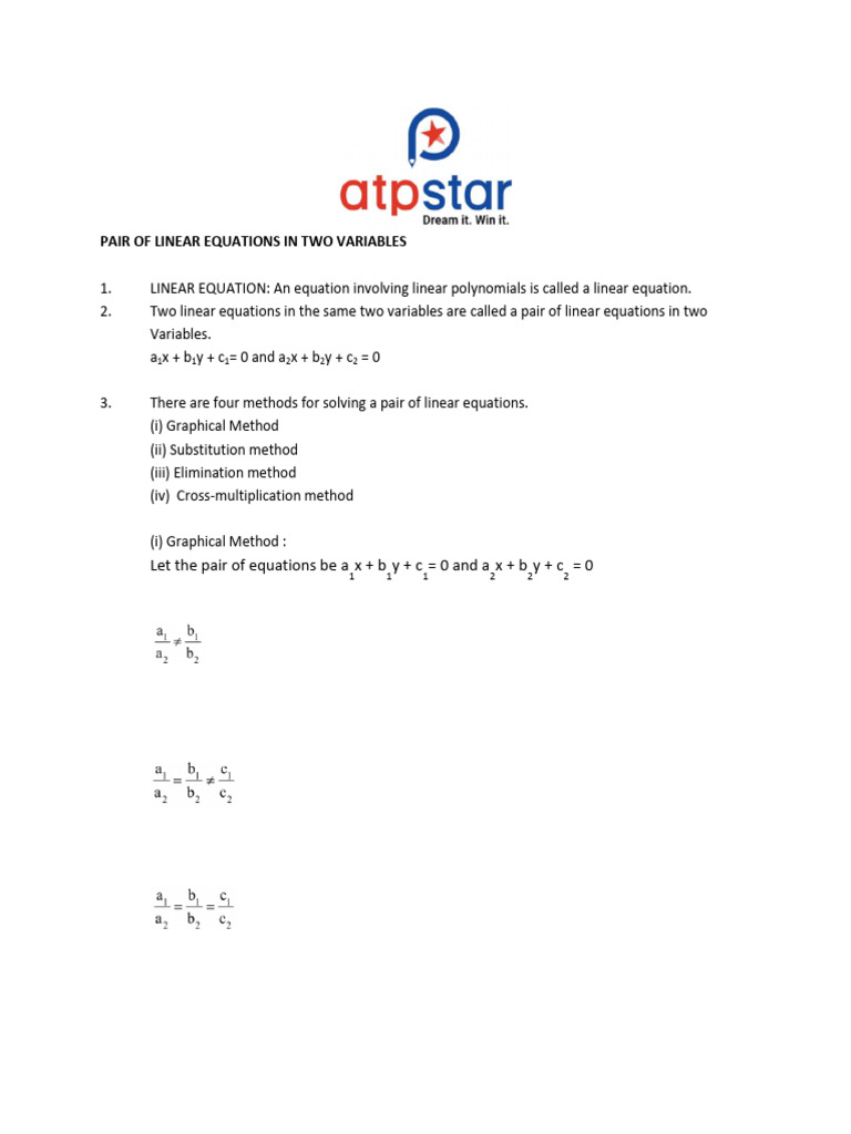 Pair of Linear Equations in Two Variables | PDF