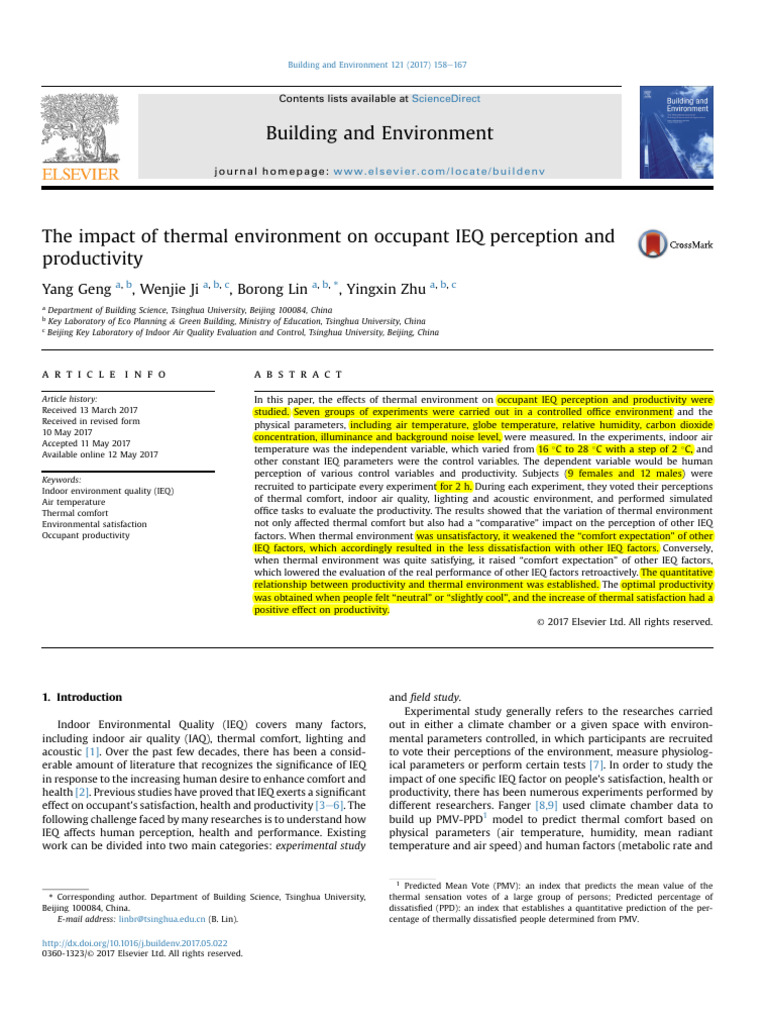 Thermal Environment's Impact on IEQ and Productivity | PDF
