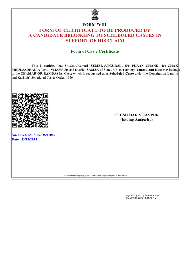 Scheduled Caste Certificate Form | PDF