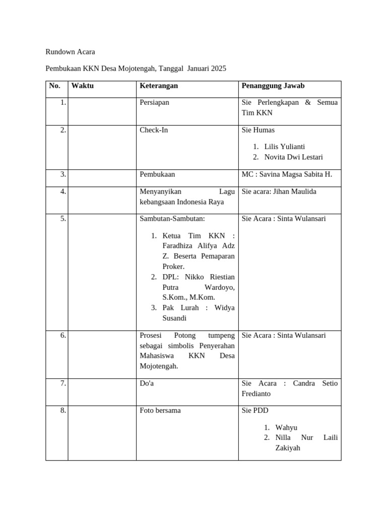 Rundown Pembukaan KKN Mojotengah 2025 | PDF