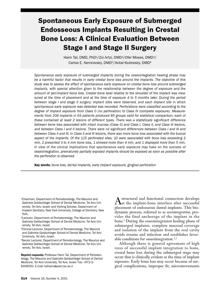 Spontaneous Early Exposure of Submerged Endosseous Implants Fsjzppah72 ...