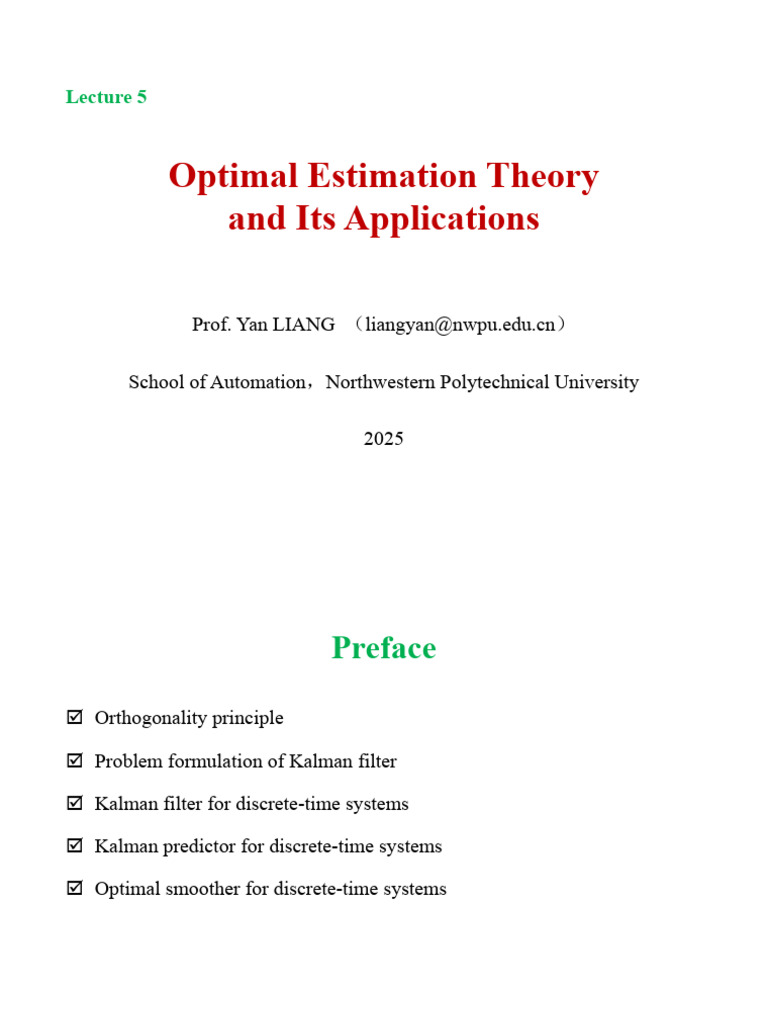 最优估计理论与应用-5(线性最小方差滤波、预报与平滑)(2025) | PDF | Kalman Filter | Estimation Theory