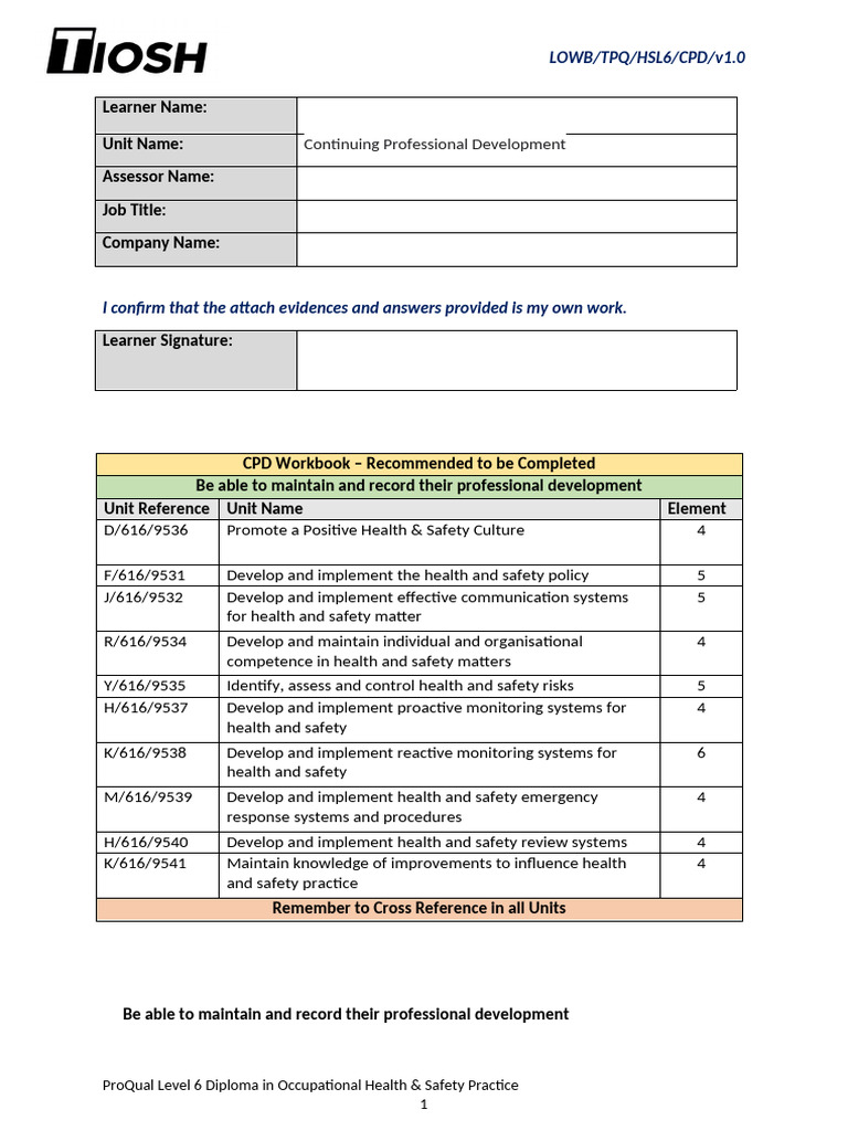 CPD Workbook for Health & Safety Practice | PDF | Occupational Safety ...