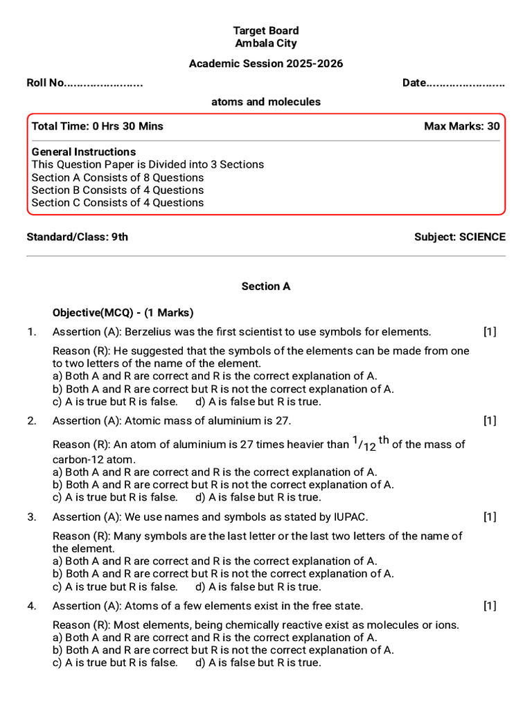 Class 9 Science Exam: Atoms & Molecules | PDF | Chemical Elements | Atoms