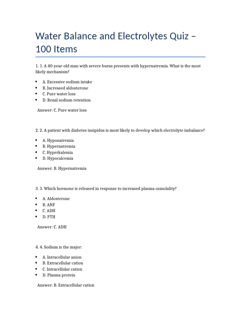 Water Balance & Electrolytes Quiz | PDF | Potassium | Chemistry