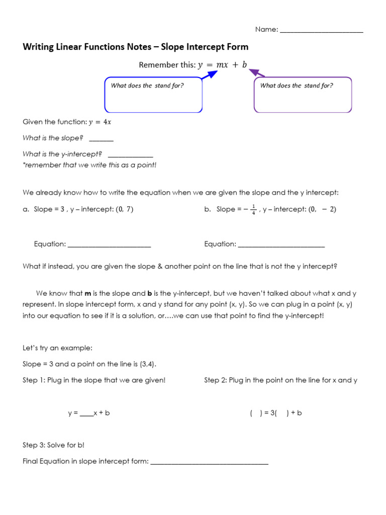1 - 2.12a Linear Functions - Writing Equations in Slope Intercept Form ...