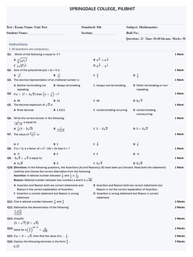 9th Grade Mathematics Unit Test Questions | PDF | Mathematics | Number ...