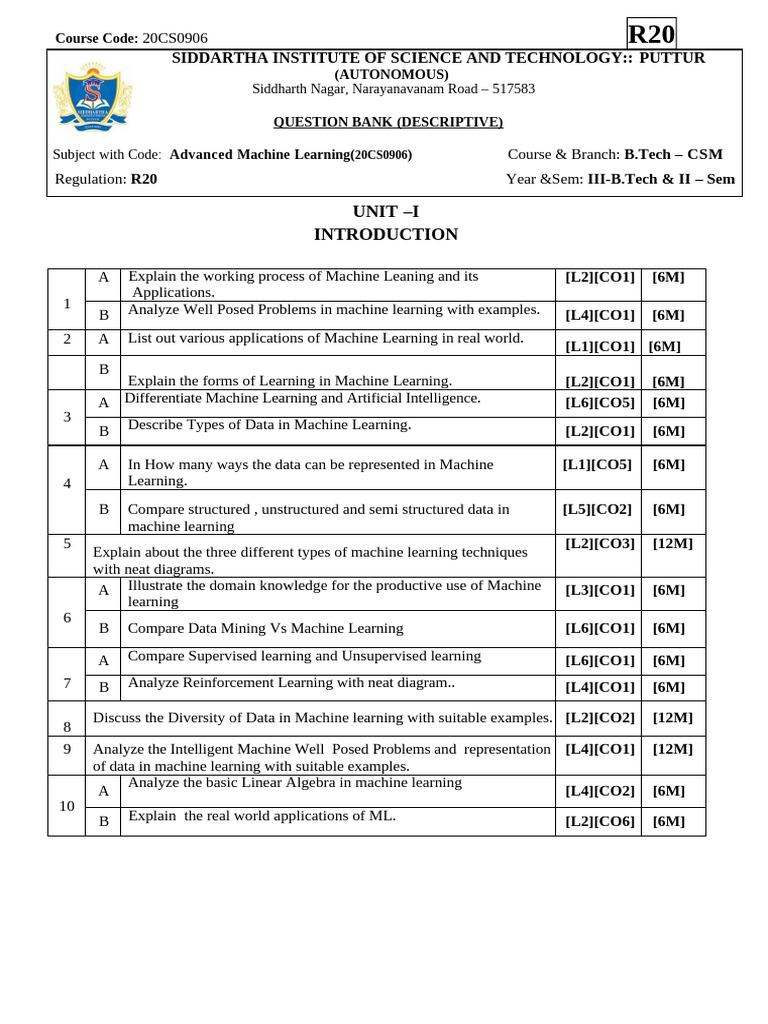 Advanced Machine Learning Question Bank | PDF | Machine Learning ...