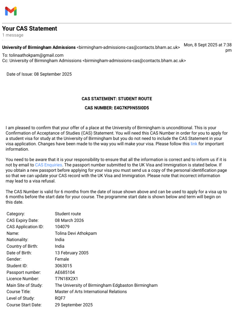 University of Birmingham CAS Statement | PDF | Travel Visa | Government ...