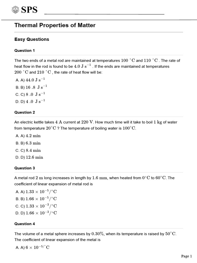 Thermal Properties of Matter DPP Class 11 (Final) - 1 | PDF | Thermal ...