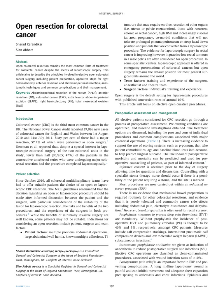 Open Resection Techniques for Colorectal Cancer | PDF | Large Intestine ...