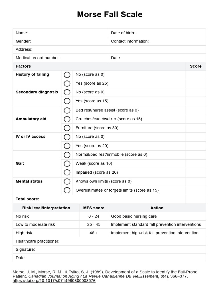 Morse Fall Scale Assessment Tool | PDF