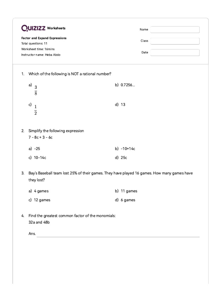 Factor and Expand Expressions Worksheet | PDF | Chess Theory | Chess