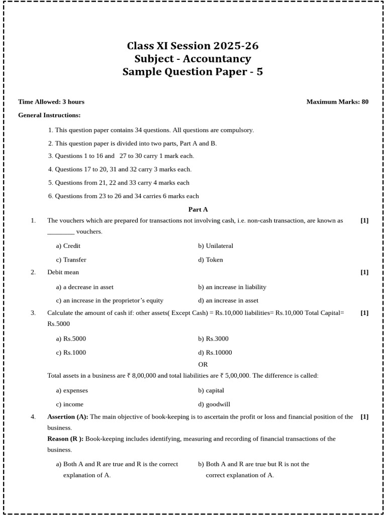 Class XI Accountancy Sample Paper | PDF | Debits And Credits | Bad Debt