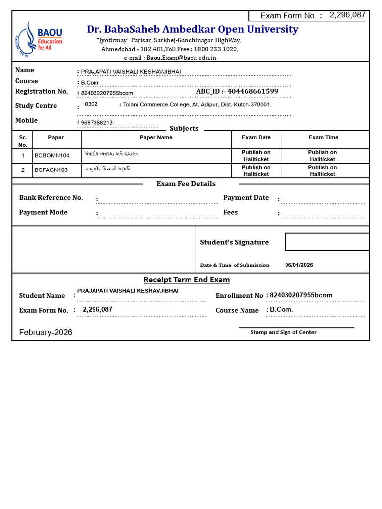 B.Com Exam Form for Dr. Ambedkar University | PDF