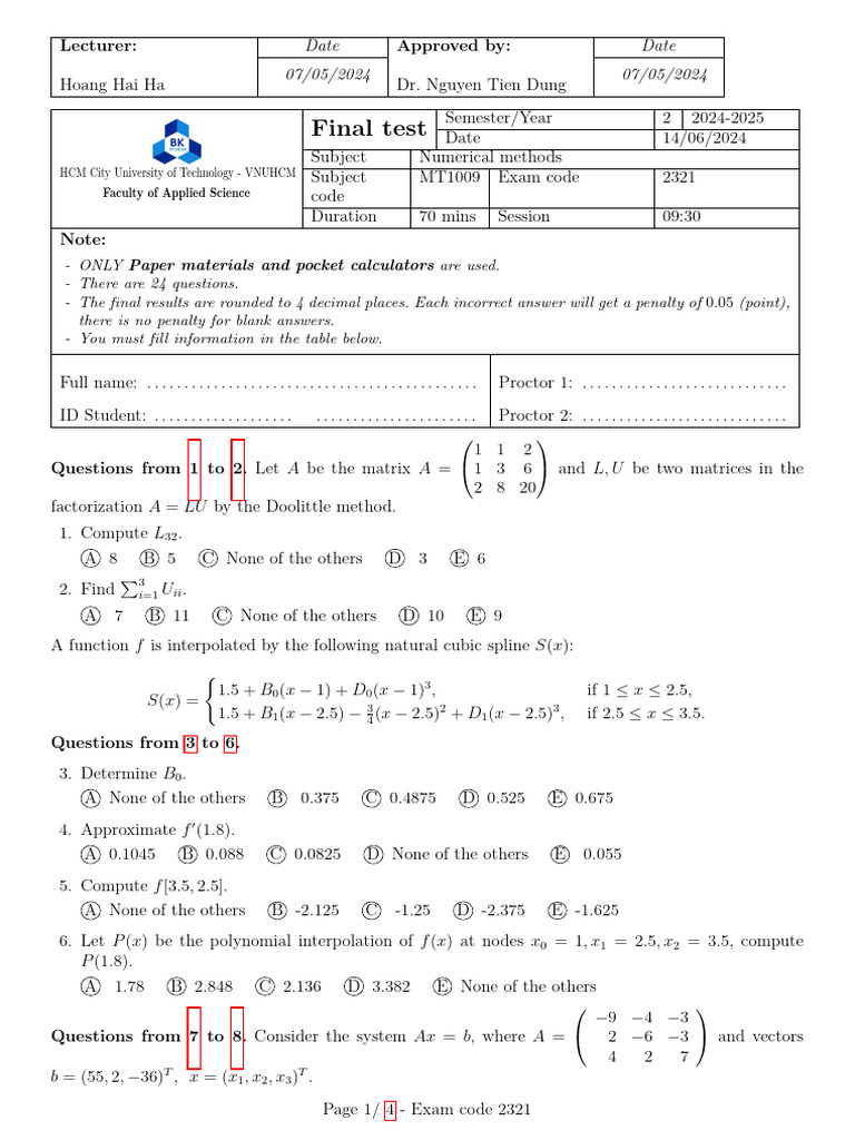 Numerical Methods Final Exam 2024 | PDF | Mathematical Relations ...