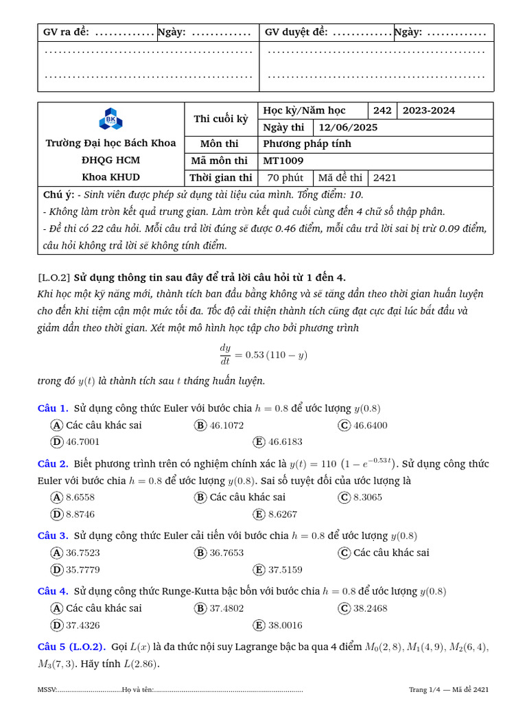 Numerical methods ĐỀ THAM KHẢO 1 | PDF