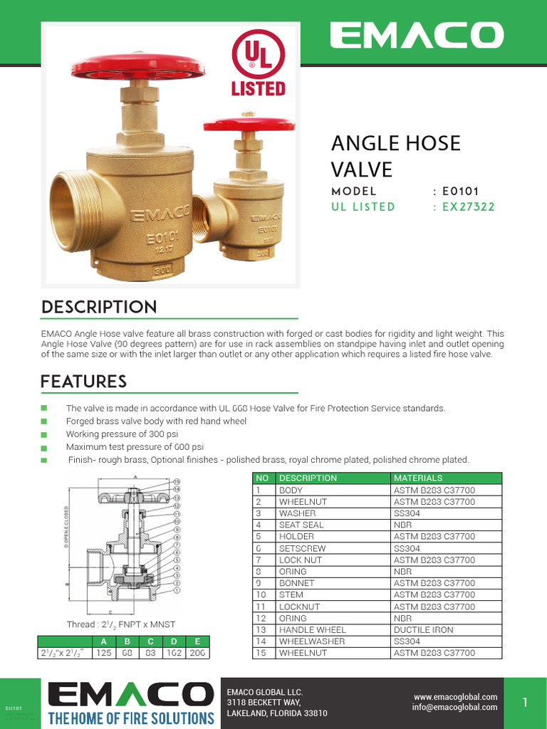 EMACO E0101 UL Angle Hose Valve Ver.-4.0 | PDF | Valve | Pipe (Fluid ...