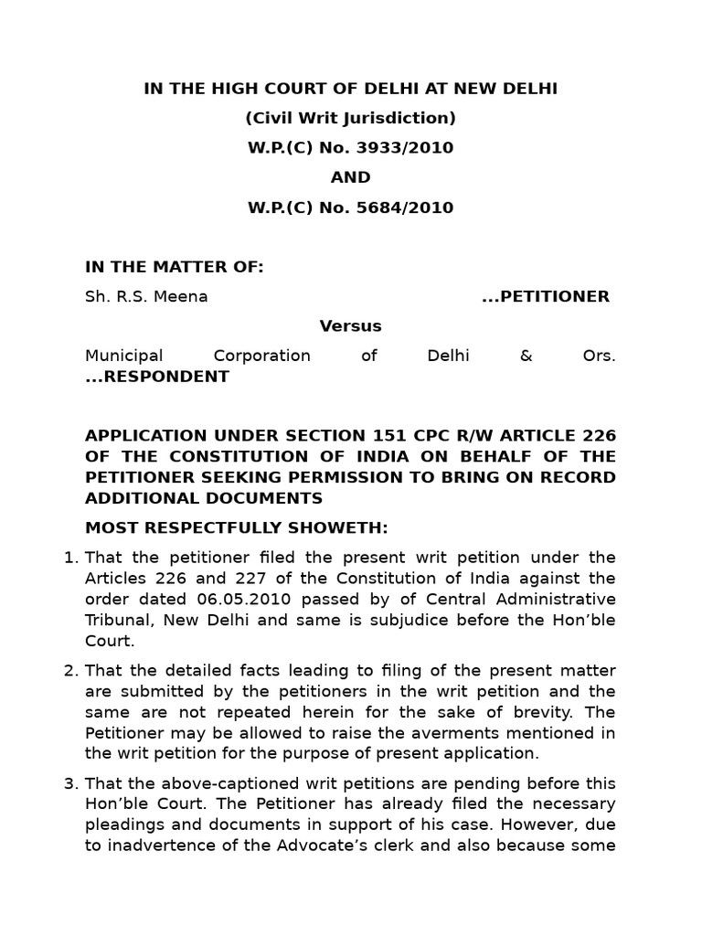 Delhi High Court Writ Petition Documents | PDF | Writ | Public Law