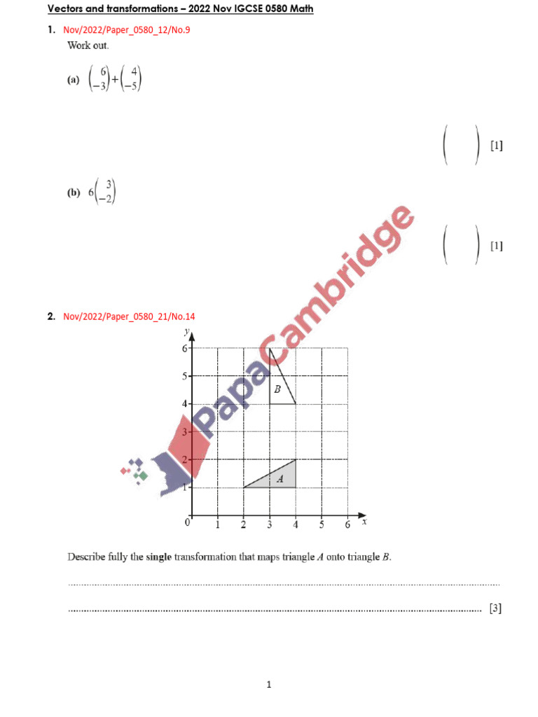 Vectors and Transformations IGCSE 2022 | PDF