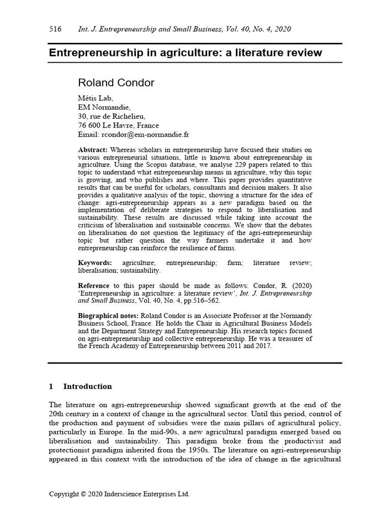 Agri-Entrepreneurship Literature Review | PDF | Entrepreneurship ...