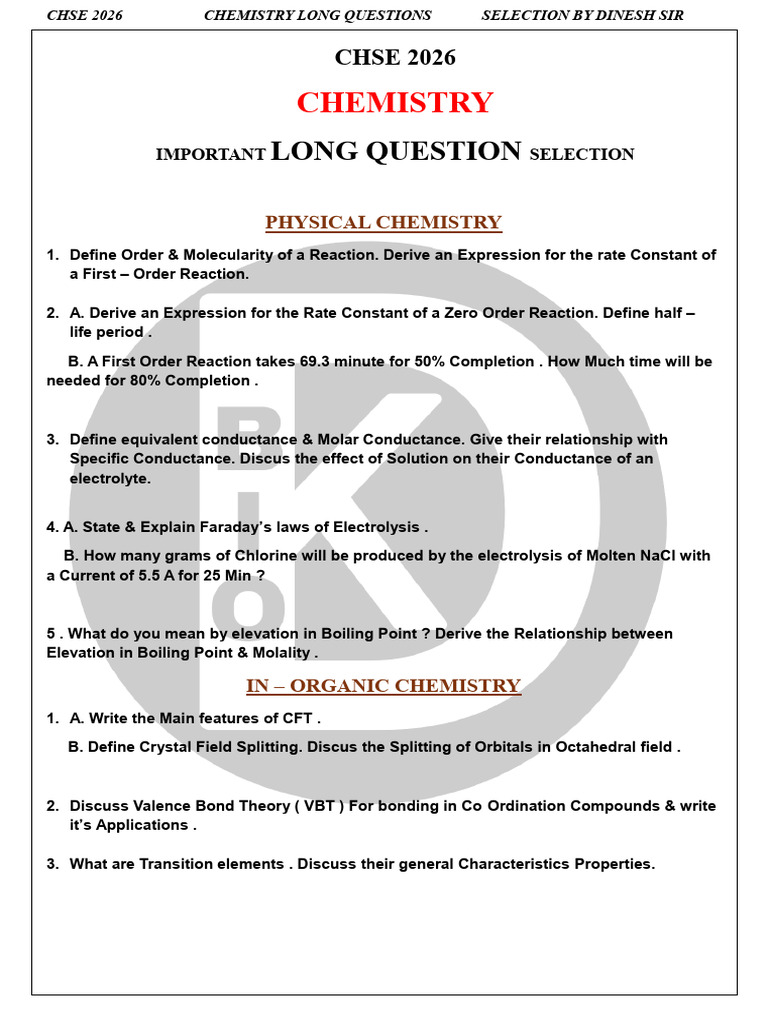 Chemistry Chse 2026 LQ Selection | PDF | Benzene | Chemistry