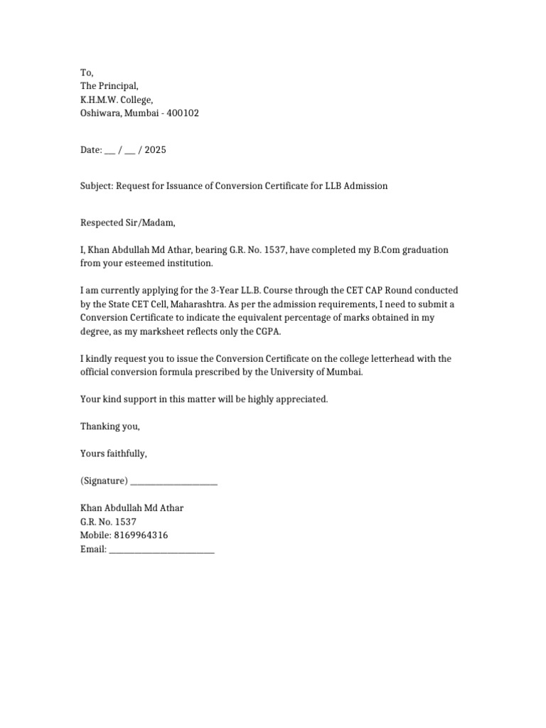 Request Conversion Certificate Khan Abdullah | PDF