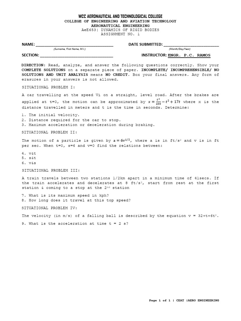 Aeronautical Engineering Dynamics Assignment | PDF