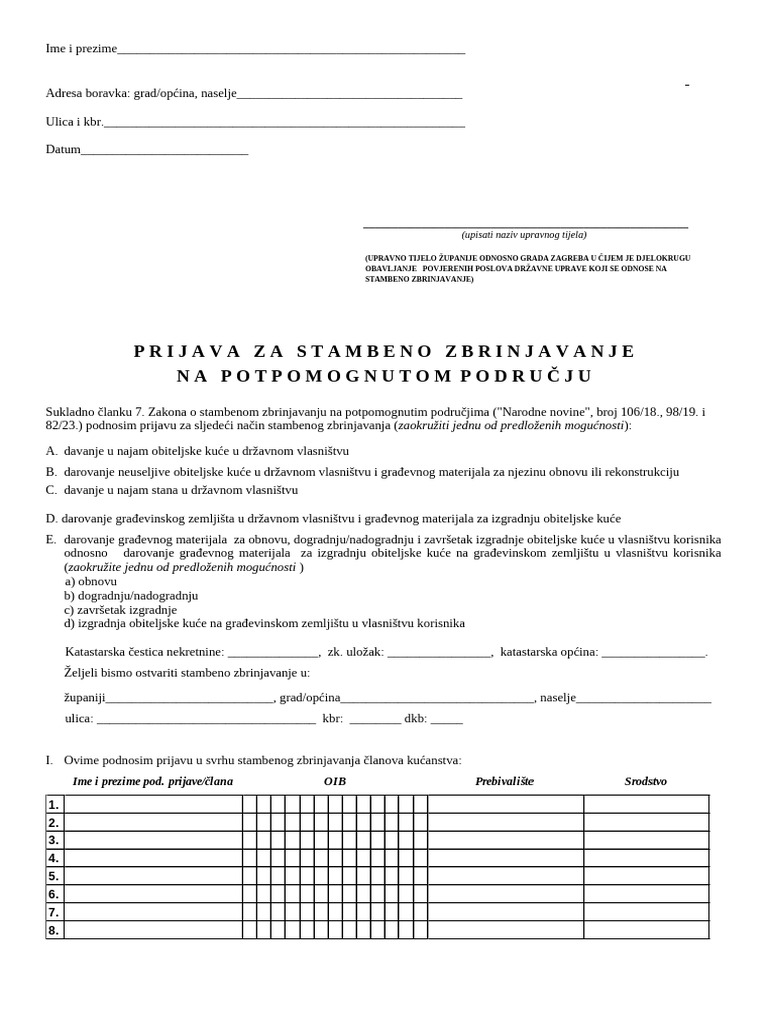 2024 12 13 Obrazac Prijava Stambeno Zbrinjavanje 2024 | PDF