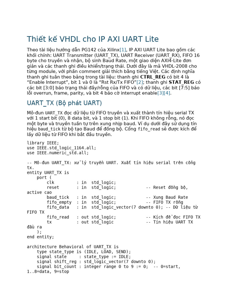 Thiết Kế Vhdl Cho Ip Axi Uart Lite2 | PDF