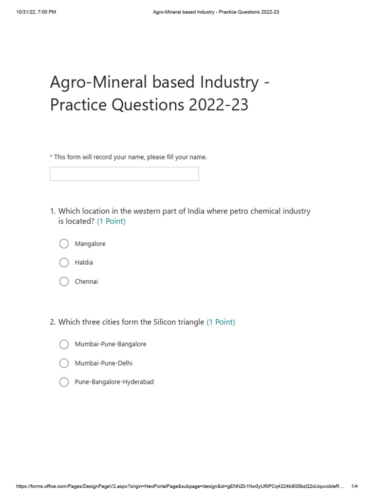 7. Agro-Mineral Based Industry - Practice Questions 2022-23 | PDF