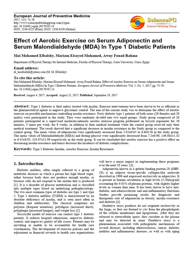 Effect of Aerobic Exercise on Serum Adiponectin and Serum ...