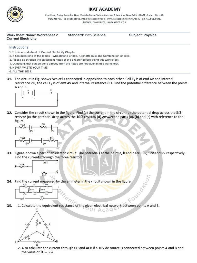 Current Electricity Worksheet for Physics | PDF | Series And Parallel ...