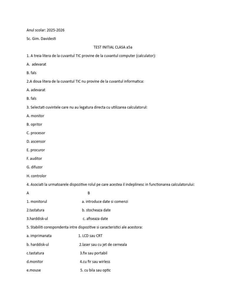 Test Initial Clasa A5aa Info | PDF