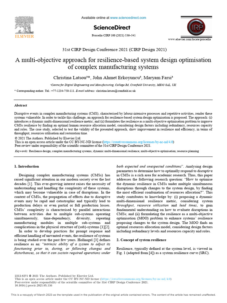 A Multi Objective Approach for Resilience Based System Design o 2021 ...