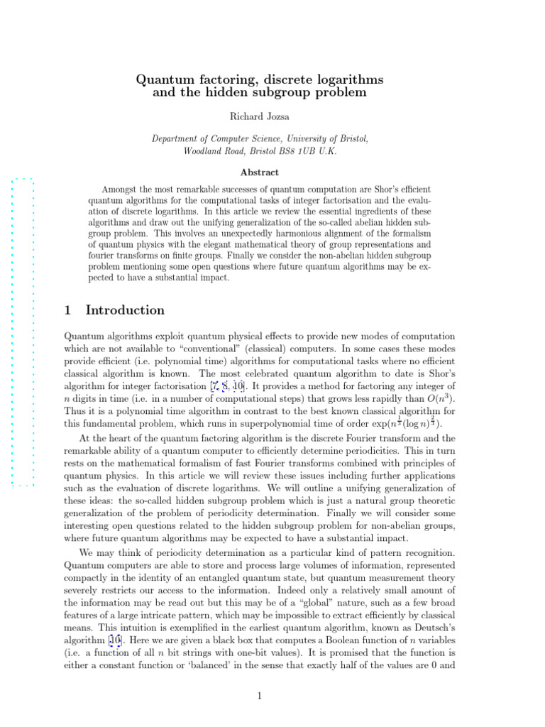 Quantum Algorithms for Factoring and Logarithms | PDF | Quantum ...