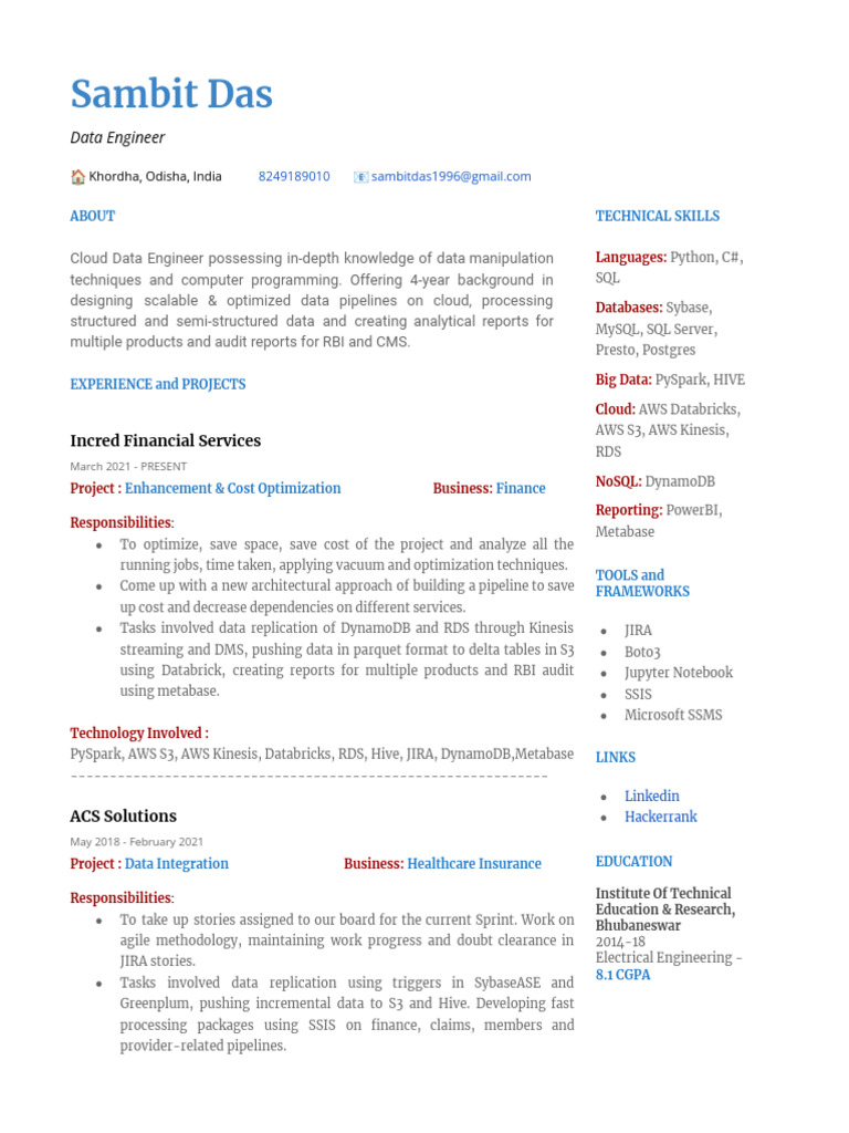 Sambit Das: Data Engineer | PDF | Microsoft Sql Server | Postgre Sql