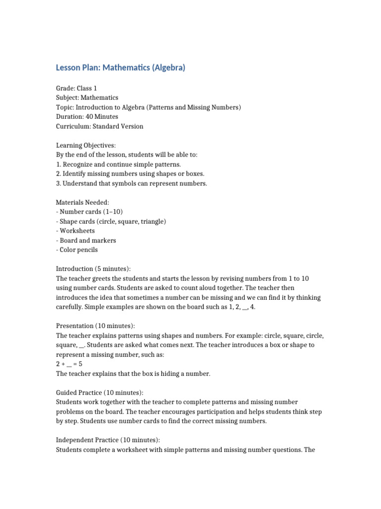 Class 1 Algebra Lesson Plan: Patterns | PDF