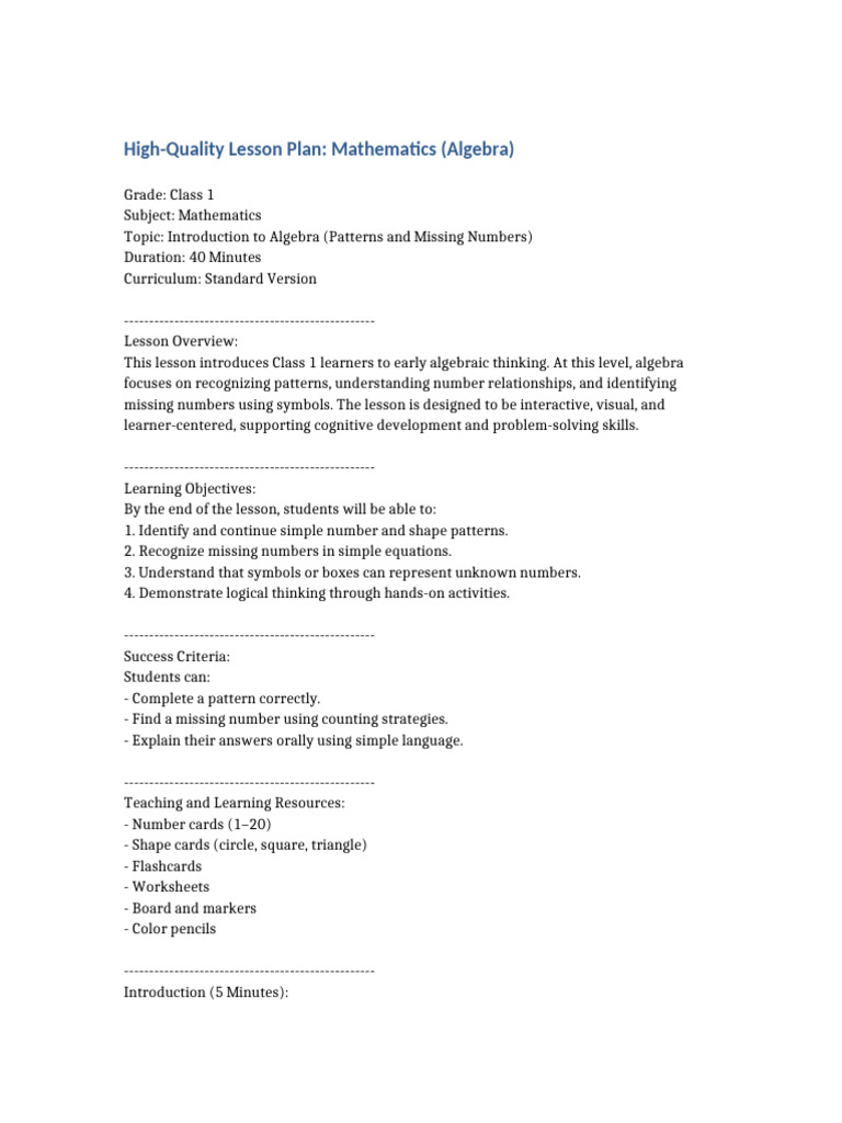 Class 1 Algebra Lesson Plan: Patterns | PDF | Lesson Plan | Teachers