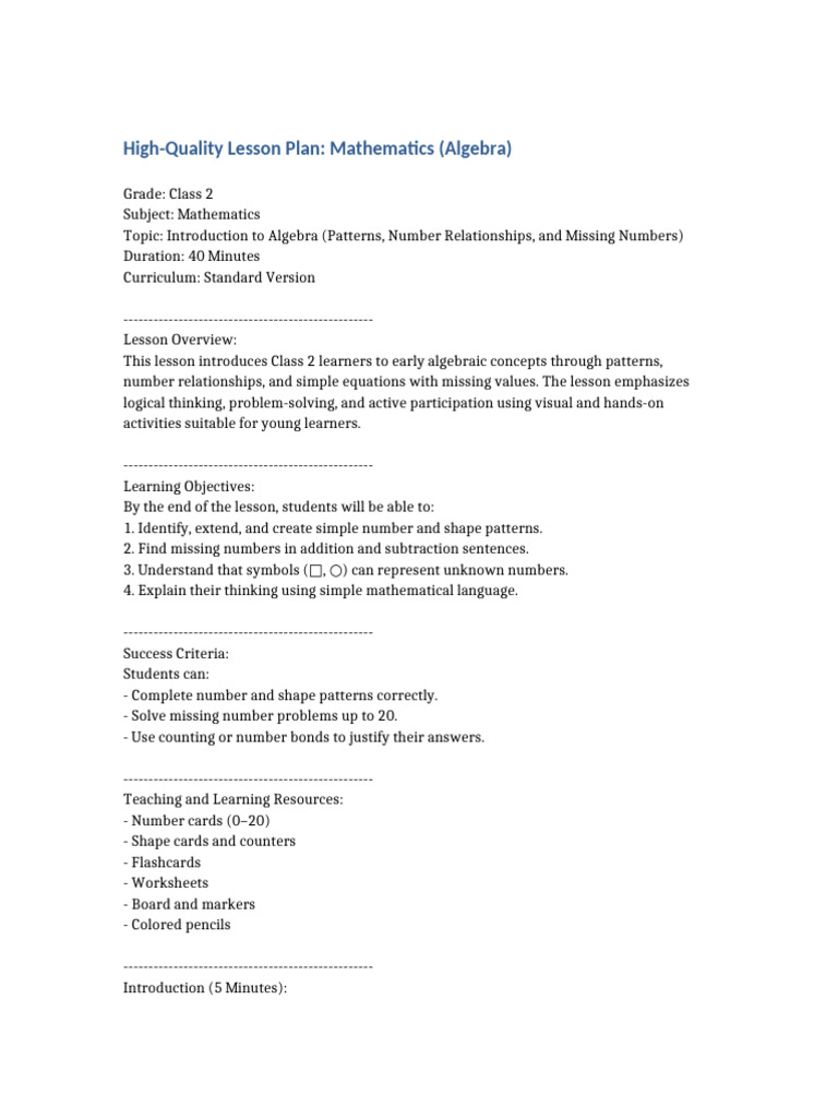 Class 2 Algebra Lesson Plan: Patterns & Numbers | PDF | Mathematics ...