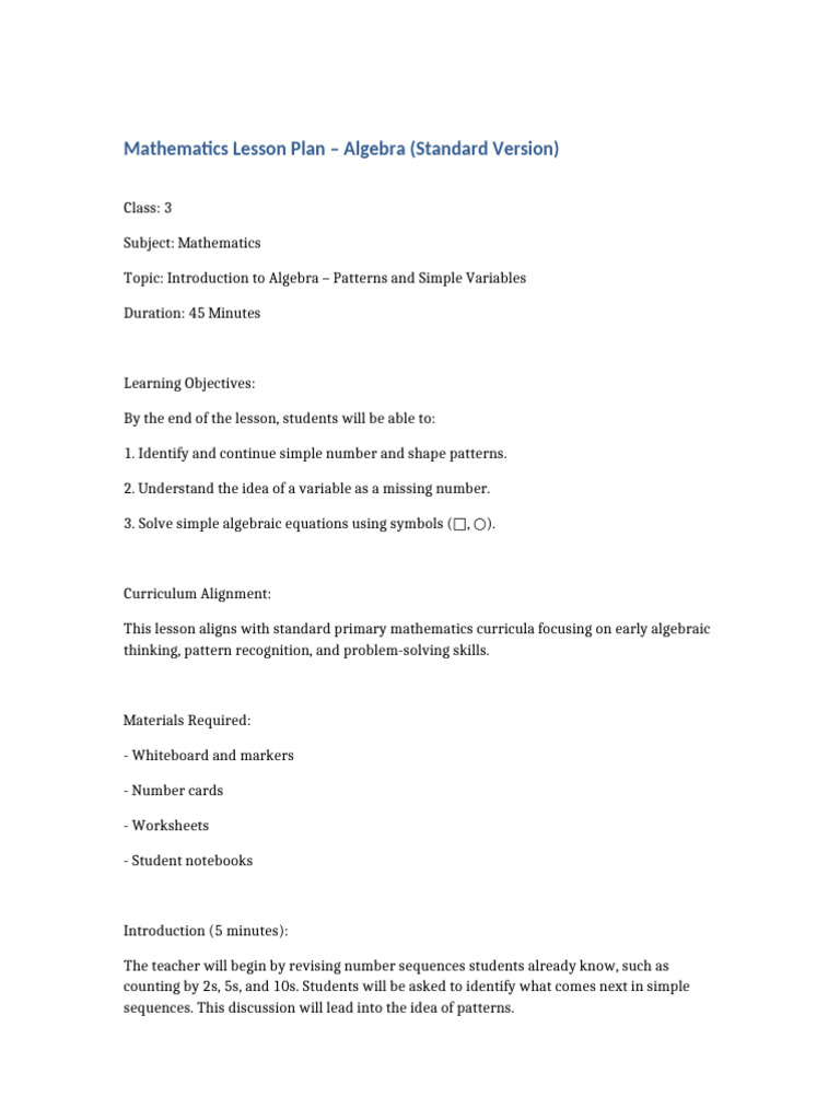 Algebra Lesson Plan for Grade 3 | PDF