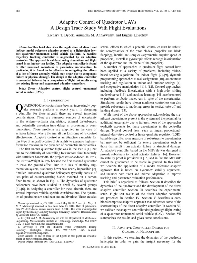 Adaptive Control of Quadrotor UAVs A Design Trade Study With Flight ...