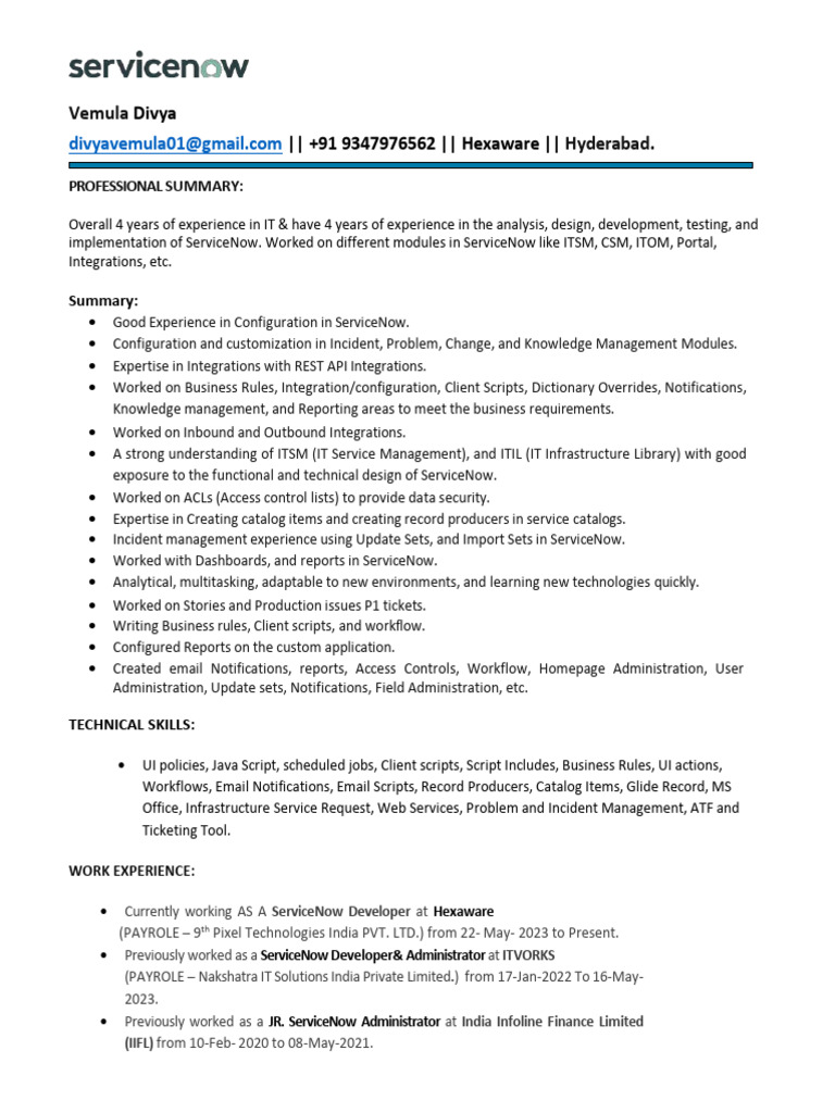 ServiceNow Developer Resume - Vemula Divya | PDF | User Interface | Web ...