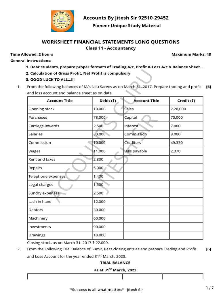 Financial Statements I Long Questions Worksheet 25Financial Statements ...