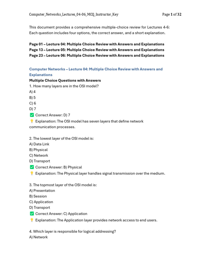 OSI Model MCQs with Answers & Explanations | PDF | Internet Protocol ...